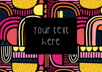 Abstract shapes card vector template. Colorful doodle shapes collage pattern on black. Cute playful vibrant card template with editable text. Modern design for kids, party invite, flyers, cards