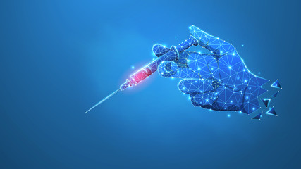 Syringe in a hand. Vaccination, Preventive medicine, health care, concept art of medical treatment. Low poly, wireframe 3d Raster illustration. Abstract polygonal image on blue neon background