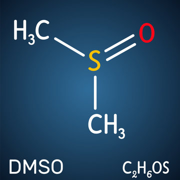 Dimethyl sulfoxide, DMSO, C2H6OS molecule. It is an organosulfur compound, polar aprotic solvent. Structural chemical formula on the dark blue background