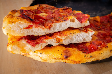 Slices of authentic homemade focaccia bread of Puglia