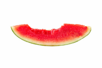 slice of watermelon with bites, isolated on white background