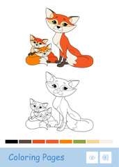 Colored template and colorless contour image of a mother fox and two baby foxes isolated on white background. Wild animals preschool kids coloring book illustrations and developmental activity.