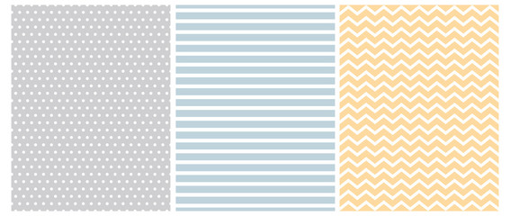 Seamless Vector Patterns with White Chevron, Dots and Stripes Isolated on a Light Gray, Pastel Blue and Pale Yellow Background.Simple Pastel Color Geometric Repeatable Design. Simple Zig Zag Print. 