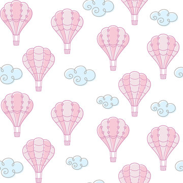 Clouds and decorative pink hot air balloons with hearts and beads on a white background. Vector seamless pattern for greeting card, wrapping paper, kids wallpaper, printing on clothes, fabric, textile © Ekaterina