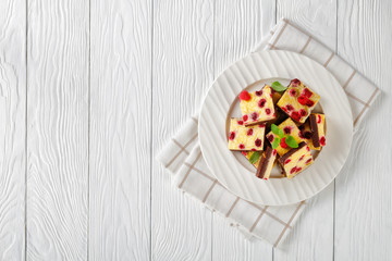 Fototapeta na wymiar Raspberry Cheesecake Bars, top view, vegan recipe