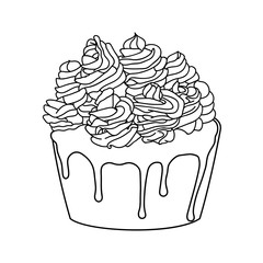 Cupcake doodle drawing. Fairy cake. Sweet and delicious muffin with cream-colored roses. Dessert can be used for card, birthday, menu, recipe. One continuous line drawing. Сoloring
