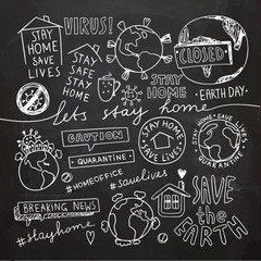 Stay Home Stay Safe Quote Concept. Earth Day Illustration.Vector Illustration. Quarantine Lockdown doodles.