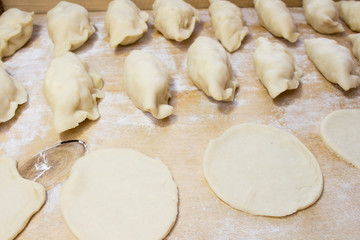 National Russian cuisine. Pierogi or pyrohy, vareniki, served with cottage cheese and potatoes on board.  Raw dumplings made of dough in handmade flour