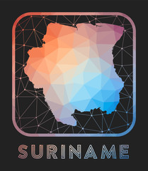 Suriname map design. Vector low poly map of the country. Suriname icon in geometric style. The country shape with polygnal gradient and mesh on dark background.
