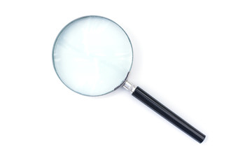 Black handle and metal rim Magnifying glass on a white background
