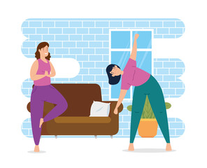 women practicing exercise in the house vector illustration design