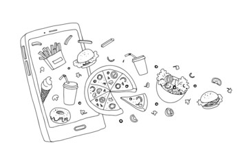 vector illustration of mobile phone with flying pizza, french fries, drink, salad, ice cream, burger on white background. Doodle line style concept of food delivery application. delivery services