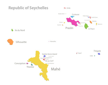 Seychelles map, administrative division with region names, color map isolated on white background vector