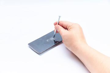 movable screen broken by a steel tip