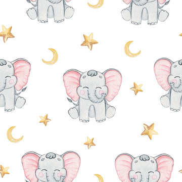 watercolor grey elephant and stars seamless pattern on white background for fabric,textile,branding,invitations,scrapbooking,wrapping