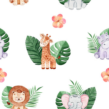 watercolor wild african animals and green tropical palm leaves and plumeria flowers seamless pattern on white background for baby fabric,textile,pajamas,branding,invitations,scrapbooking,wrapping