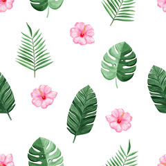 watercolor pink hibiscus flower and green tropical palm leaves seamless pattern on white background for fabric,textile,branding,invitations,scrapbooking,wrapping