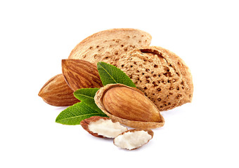 Almonds with leaves in closeup isolated on white background.