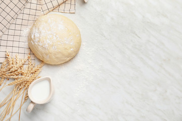 Fresh dough with milk on white background