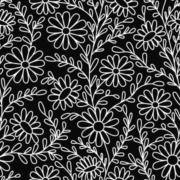 Floral pattern. Chamomile. Seamless pattern of white outline on a black background
