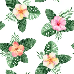 Tuinposter aquarel tropische bladeren en bloemen naadloze patroon op witte achtergrond voor stof, textiel, branding, uitnodigingen, scrapbooking, inwikkeling © dreamloud