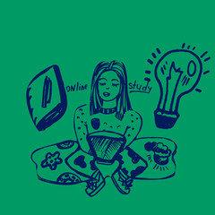 concept of learning home. Isolated vector on white background, hand drawn doodle style, girl is studing