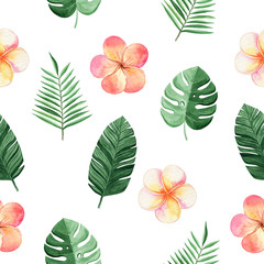 watercolor tropical flower and palm leaves seamless pattern with plumeria and monstera plants on white background for fabric,textile,branding,invitations,scrapbooking,wrapping