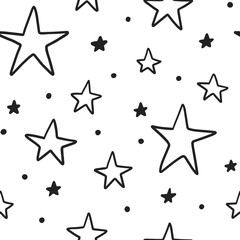 Doodle abstract seamless pattern with black hand drawn stars on white background. Vector illustration monochrome color