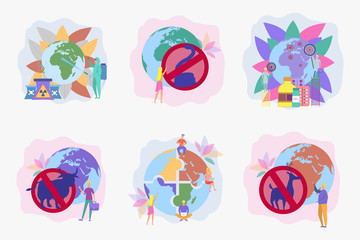 Set of 6 environmental protection illustration. Save the planet. Ocean pollution, global warming, forest fires, floods, deforestation, carbon monoxide air pollution. Ecology.