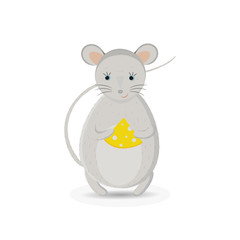 Cute cartoon standing mouse holding a piece of cheese. Vector hand drawn illustration.
