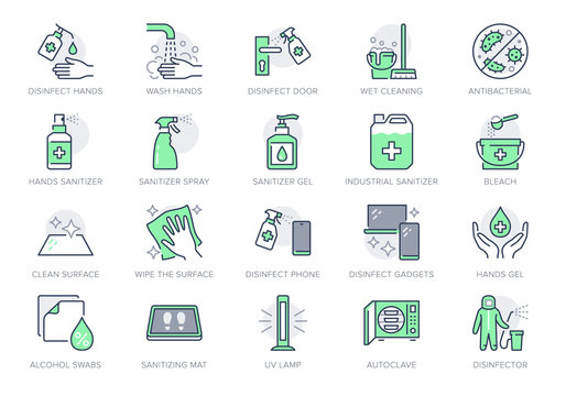 Disinfection line icons. Vector illustration included icon as spray bottle, floor cleaning mop, wash hand gel, autoclave uv lamp outline pictogram for housekeeping Green Color, Editable Stroke
