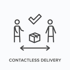 Contactless delivery line icon. Vector outline illustration of courier brought box to client. Safe package transportation pictorgam