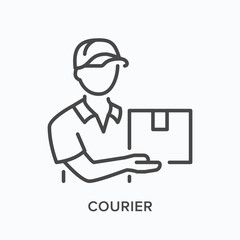 Fototapeta na wymiar Courier line icon. Vector outline illustration of delivery boy with box. Man in hat with parcel pictorgam