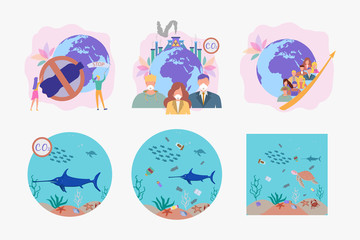 Set of 6 environmental protection illustration. Save the planet. Ocean pollution, global warming, forest fires, floods, deforestation, carbon monoxide air pollution. Ecology.