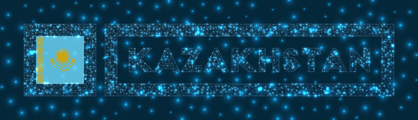 Kazakhstan badge. Flag of Kazakhstan in glowing network geometric style. Astonishing vector illustration.