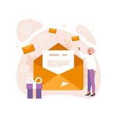 Email marketing, internet advertising concepts. Content concept illustration of young various people using laptop, tablet pc and smartphone to use social networks and websites. Flat illustration.