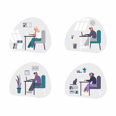 Freelance and business men and women working from home - home office concept illustration. Men and women are tired, bored and fall asleep at desk with laptop.