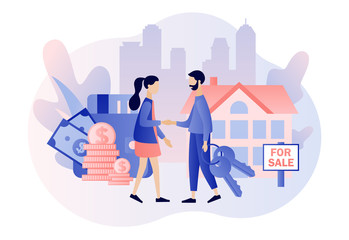 House for sale. Real estate business concept with houses. Tiny real estate agent or broker shaking hands with people buying house. Modern flat cartoon style. Vector illustration on white background