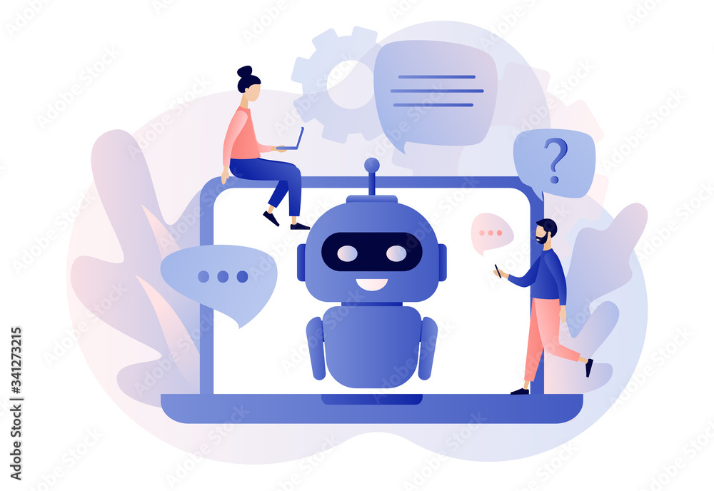 Fototapete chatbot concept. ai robot assistant, online customer support. tiny people chatting with chatbot in l