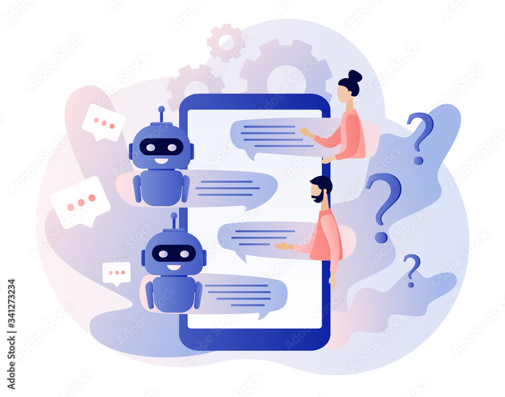 Poster chatbot concept. ai robot assistant, online customer support. tiny people chatting with chatbot appl