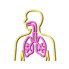 Retro style illustration showing a 1990s neon sign light signage lighting of a human respiratory system on isolated background.