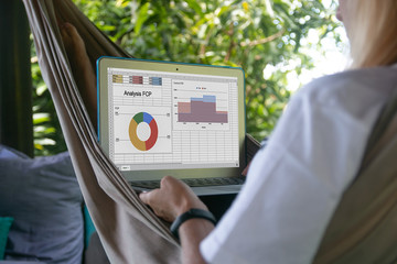 freelancer working remotely on a modern laptop in a comfortable hammock outdoors in tropical nature enjoying vacation. Green tropical background with plants. using graphs and tables on a modern laptop