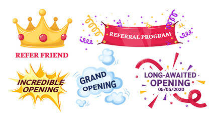 Refer friend, grand opening set label graphic design. Opening labels banners event template with gift boxes. Layout for sale, advertising, banner, promo poster, promotion announce tag, sticker vector
