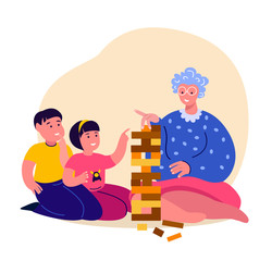 Old Grandmother, Granny Playing Board Game with Grandchldren, Granddaughter. Family Communicate Together.Grandchild Kid Daughter Girl, Boy on Holidays with Old Aged Pensioner. Flat Vector Illustration