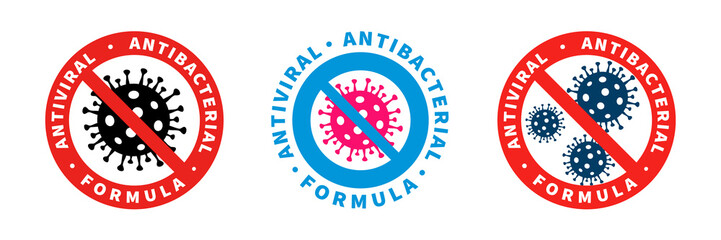 Antiviral antibacterial coronavirus formula vector icons. Coronavirus 2019-nCov, Covid-19 NCP virus stop signs, health protection, hand sanitizer labels - obrazy, fototapety, plakaty