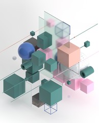 Obraz premium Abstract background, modern composition of geometric shapes. Cube, sphere, cylinder, line. 3d illustration.