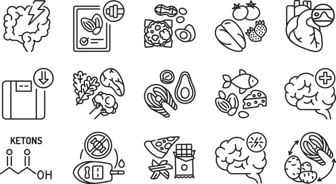 Ketogenic diet black line icons set. Very low-carb, high-fat diet. Reducing carbohydrate intake and replacing it with fat. Pictogram for web page, mobile app, promo. Editable stroke