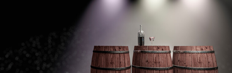 wine barrels with bottle and glass