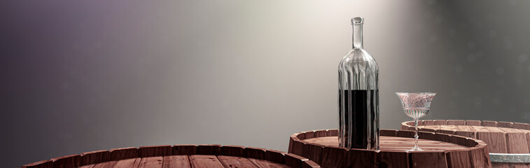 wine barrels with bottle and glass