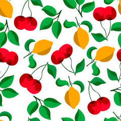 Lemons and cherries seamless pattern on white background. Vector graphics for the design of wallpaper, textiles, wrapping paper, cases for phones, notebooks, tablecloths, mugs